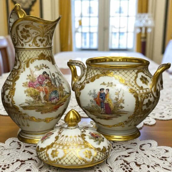 Antique Dresden Ohme Germany Creamer & Sugar Hand Painted Watteau Scenes Gold - Picture 2 of 16